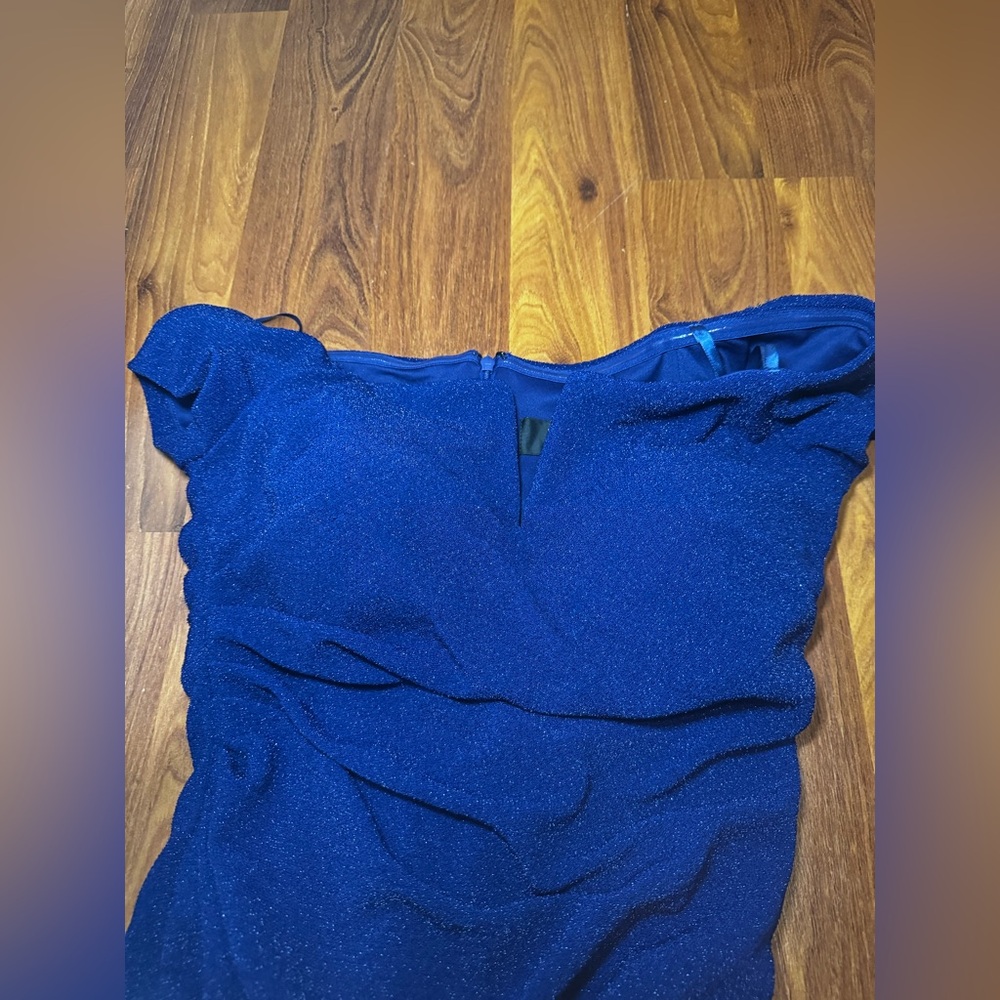 Xscape Cobalt Blue Glitter Stretch Off the Shoulder Evening Body Con Dress - Picture 5 of 10